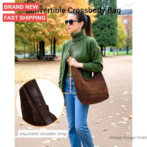 Slouchy Faux Suede Hobo Bag Crossbody Tote Adjustable Strap Medium Size - Picture 3 of 7